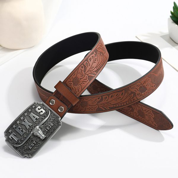 American Retro Embossing Cow Head Buckle Simple All-match Western Denim Belt - Image 3