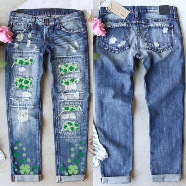 Women's Four-leaf Clover Printed Patch Ripped Jeans - Image 2