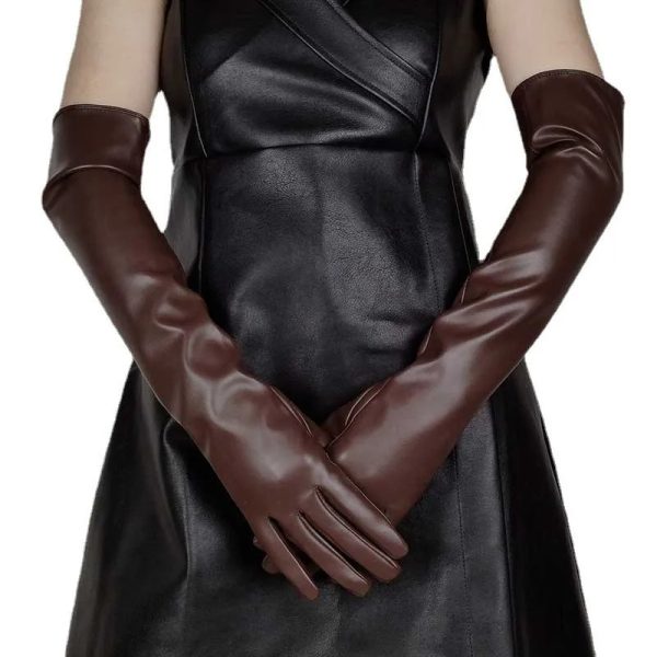 Faux Leather Long Fashion Women's Black Glossy Warm Gloves For Stage Performance - Image 5