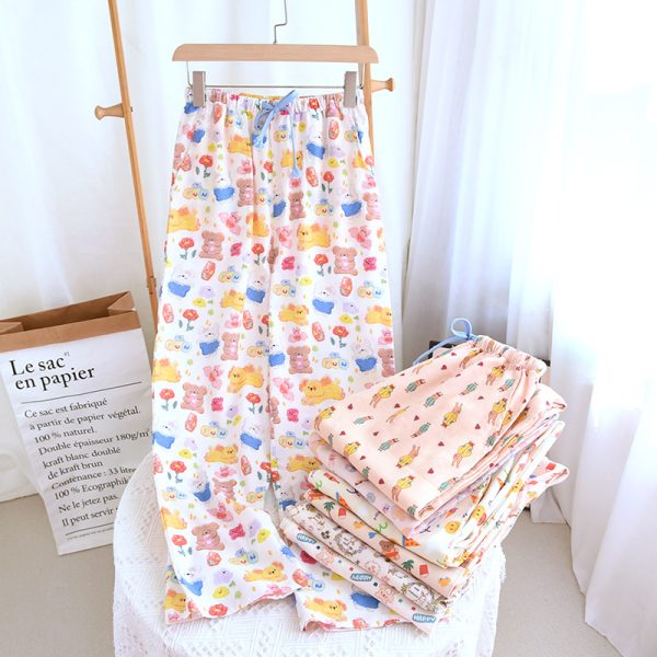 Brushed Flannel Loose Pure Cotton Cartoon Printed Pajama Pants For Women