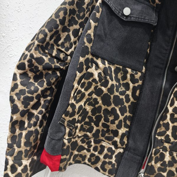 Denim Stitching Leopard Print Red Loose Motorcycle Clothing Jacket Coat - Image 3