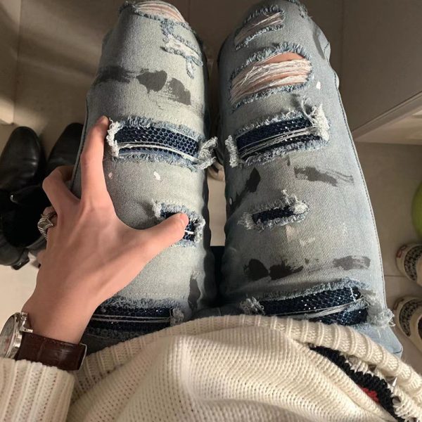 Handmade Splash-ink Blue Diamond Ripped Jeans