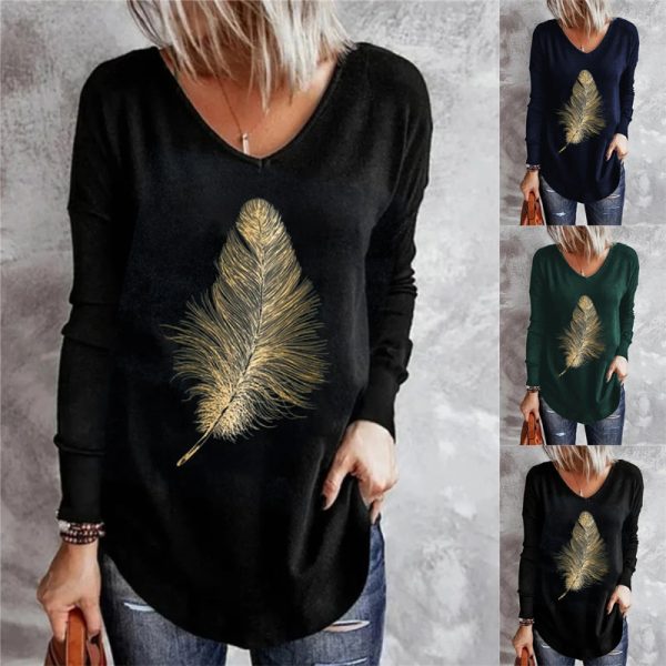 Women's Casual V-neck Bottoming Long-sleeved Printed T-shirt