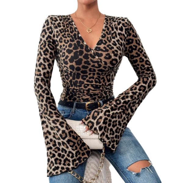 Leopard Layered V-neck Flared Sleeves Slim-fit Sexy Knitted Top - Image 5