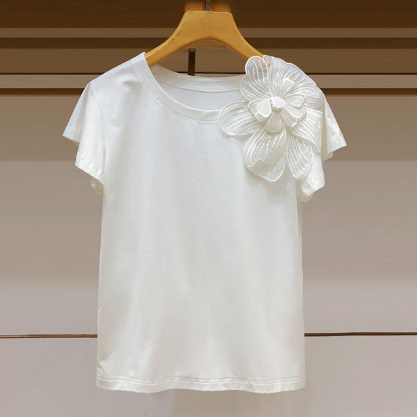 Round Neck Three-dimensional Flower Decoration Fashion Ruffle Sleeve Loose Slim Top - Image 2