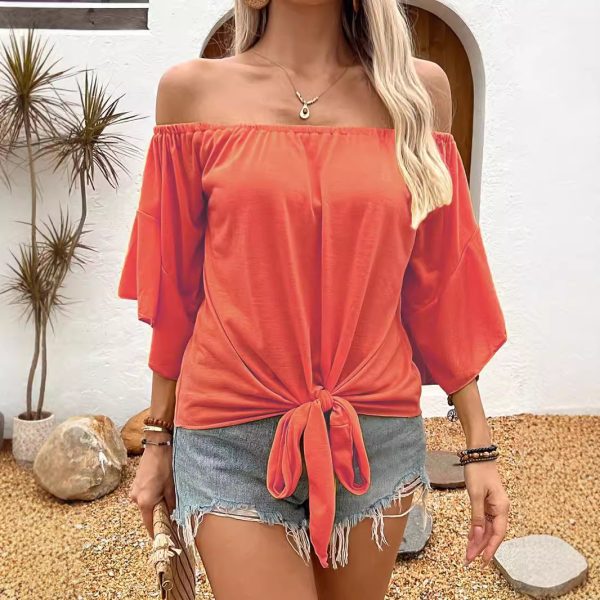 Summer Fall Women's Clothing Solid Color Off-shoulder Casual T-shirt Top - Image 6