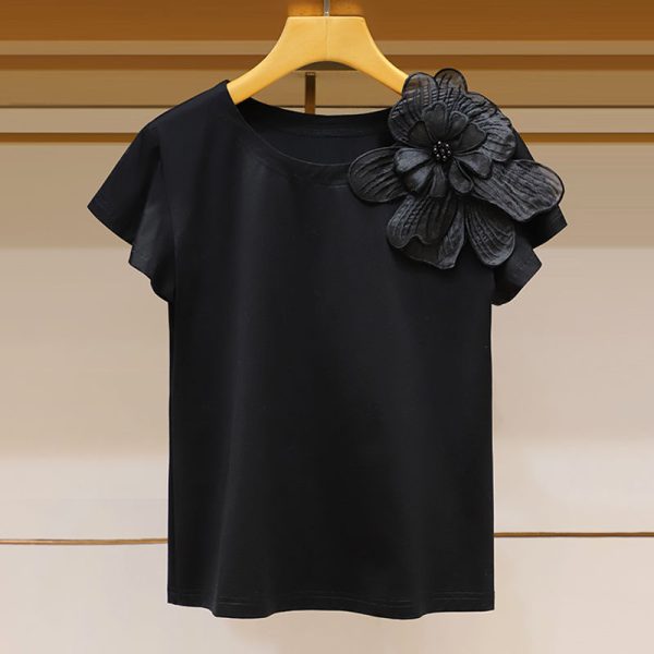 Round Neck Three-dimensional Flower Decoration Fashion Ruffle Sleeve Loose Slim Top