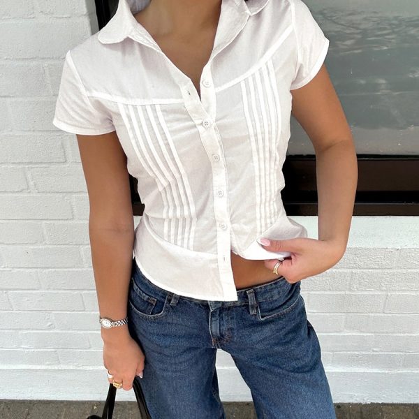 Organ Pleated Lapel Breasted Girl Blouse - Image 2