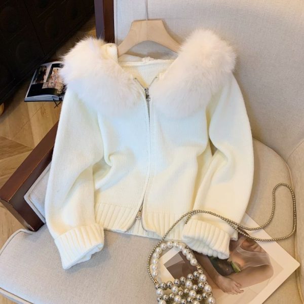 Double Zipper Fur Collar Stitching Design Sense Hooded Knit Cardigan - Image 2