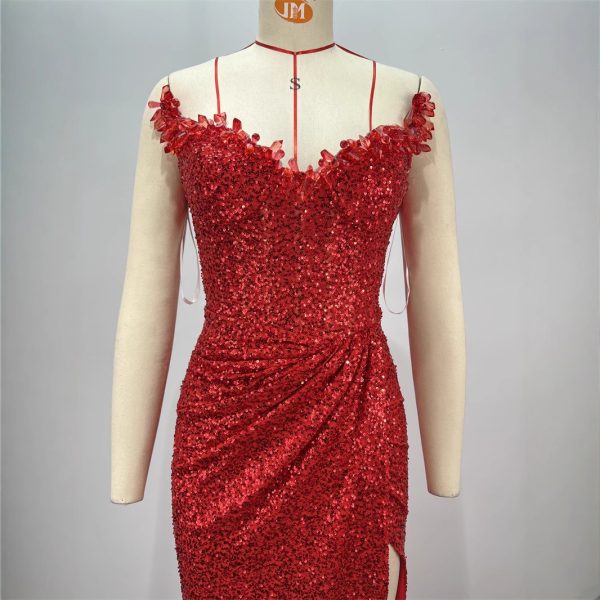 Drop-shaped Diamond Sexy Low-cut High Sitt Red Paillette Tube Coat And Dress - Image 3