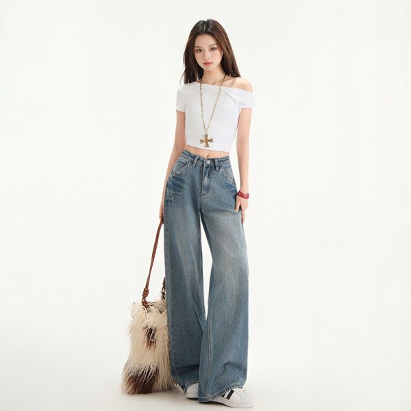 Retro High Waist Stud Design Jeans - Image 2