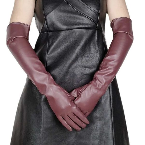 Faux Leather Long Fashion Women's Black Glossy Warm Gloves For Stage Performance - Image 7