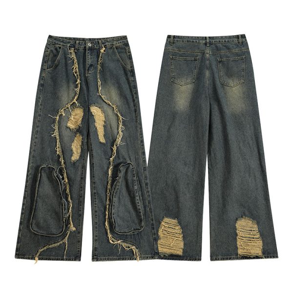 High Street Re-niche Deconstruction Tassel Hole Denim Men's Pants - Image 6