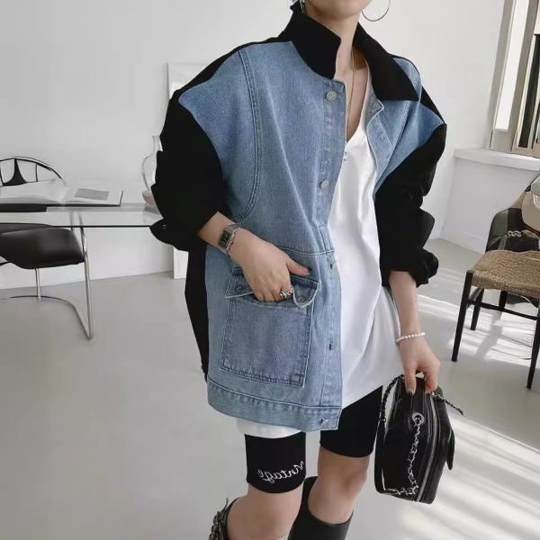 All-matching Fashion Color Contrast Stitching Denim Baggy Coat Women - Image 3