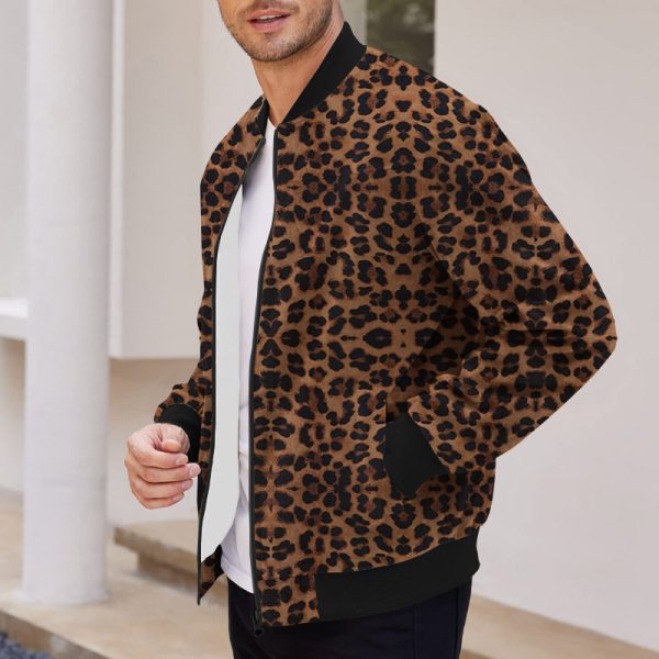 Autumn Vintage Leopard Print Pattern Men's Zipper Jacket Fleece-lined Long Sleeve Coat - Image 2