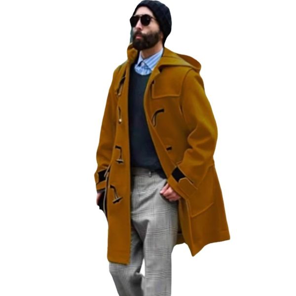 Retro Horn Button Hooded Woolen Trench Coat Men - Image 5