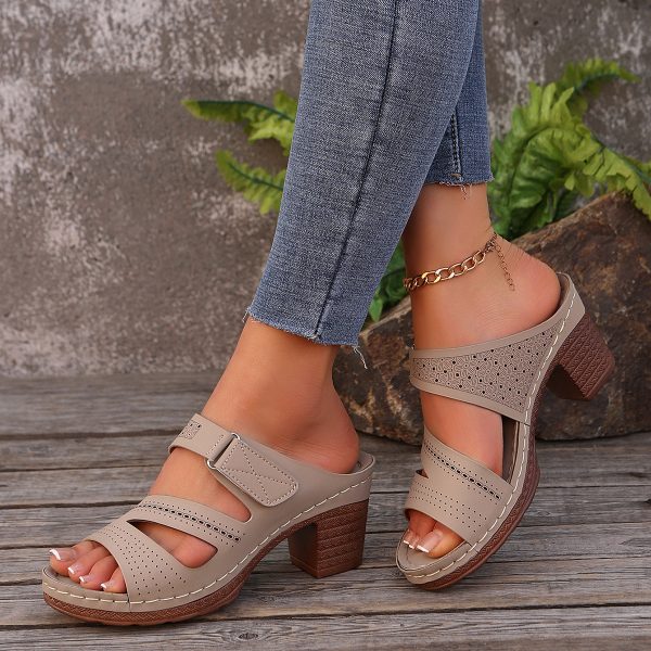 Square-heeled Peep-toe Slides Shoes Summer Casual Chunky Heel Sandals Solid Color Slippers - Image 4