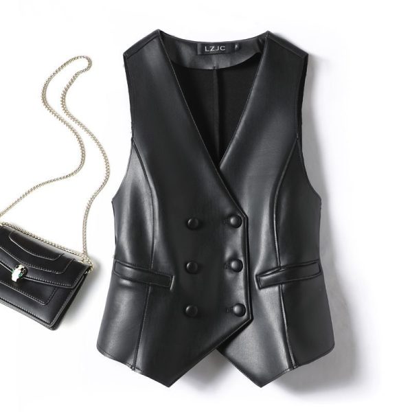 Leather Coat Western Style Double Breasted Vest Short Slim Fit Slimming - Image 6