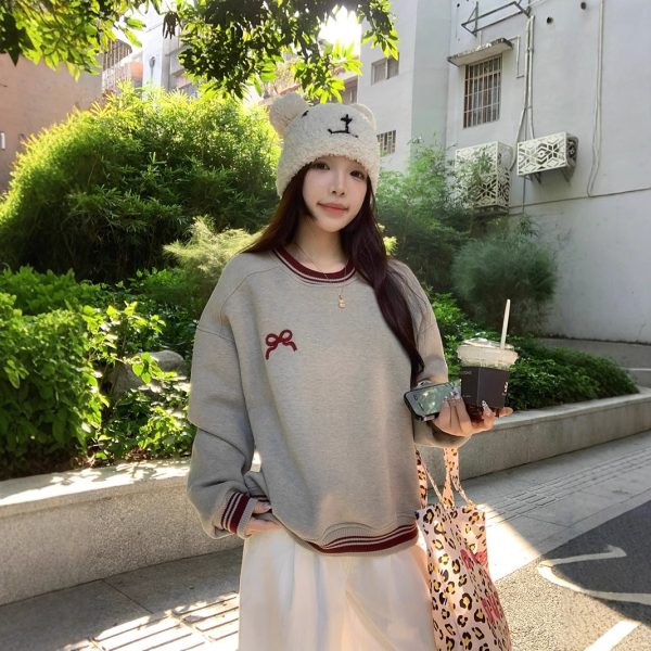 Korean Style Fleece-lined Embroidered Bow Round Neck Sweater For Women