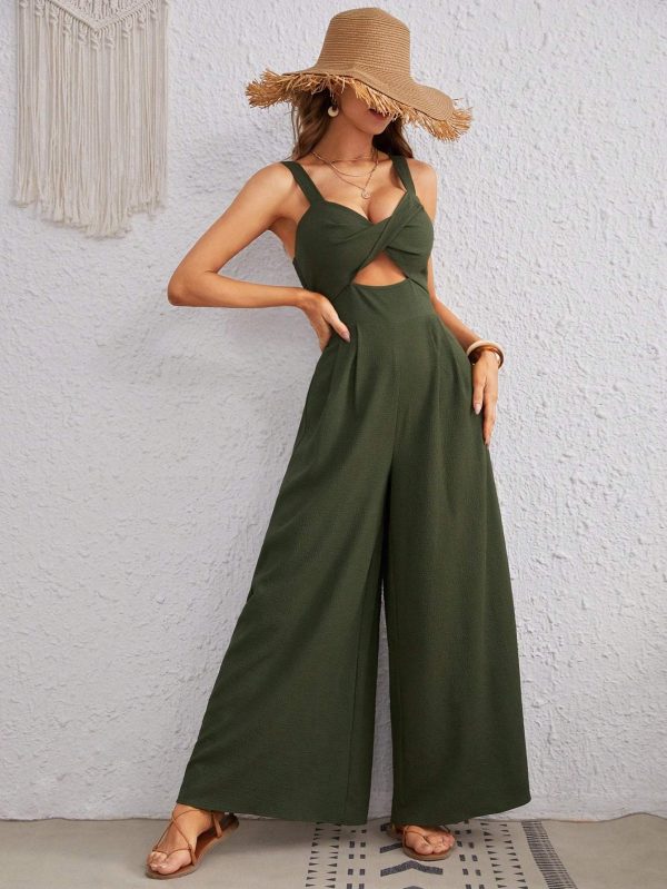 Women's Solid Color Loose Overall One Piece Summer Beach Jumpsuit With Spaghetti Straps - Image 4