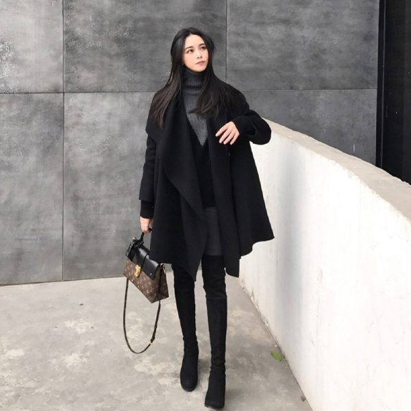 Black Medium Long Irregular Loose Cloak Woolen Coat - Image 2