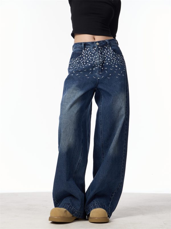 Vintage Floral Embroidered Straight Jeans Women Loose Casual Wide-leg Trousers - Image 4