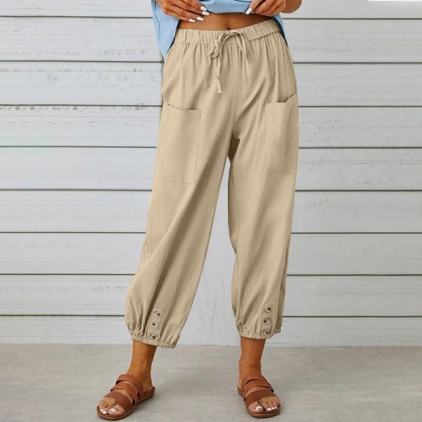 Loose High Waist Button Cotton And Linen Trousers Cropped Pants Wide Leg Women's Pants - Image 8