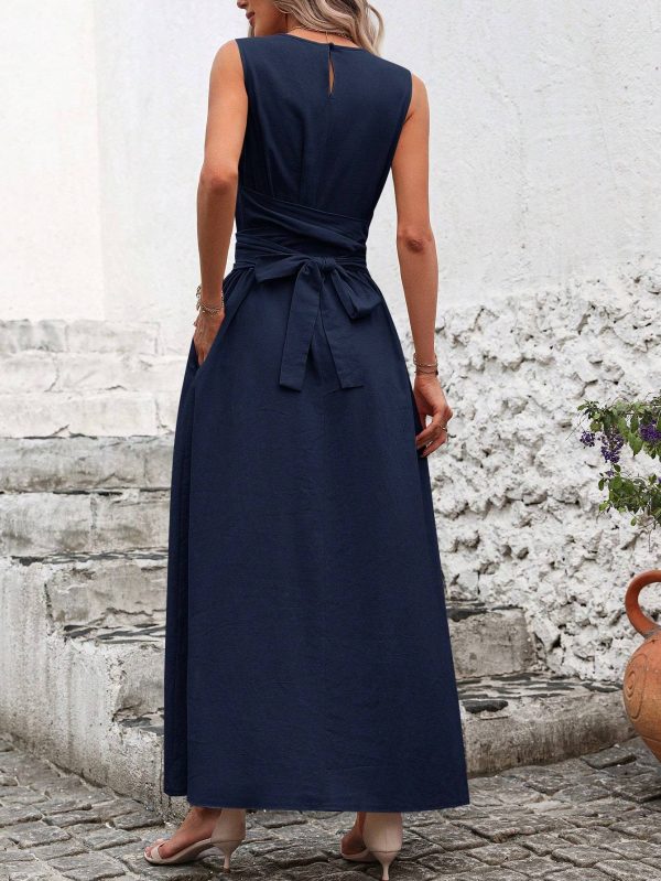 Women's Casual Solid Color Round Neck Twist Waist Sleeveless Loose Commuter Dress - Image 4