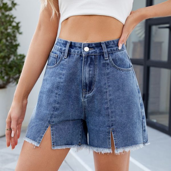 Women's Washed Denim Shorts Frayed Hem Split Hot Pants - Image 2