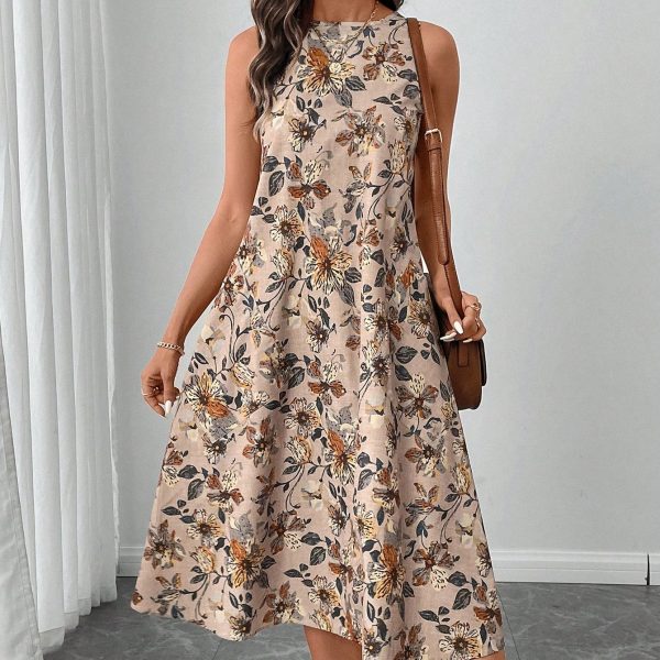 Round Neck Sleeveless Flared Hem Retro Floral Print Casual Elegant Midi Dress