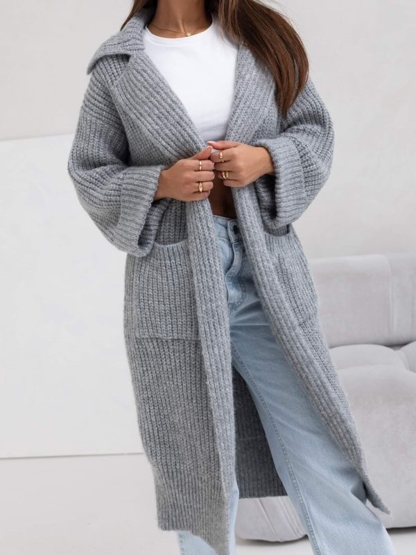 Mid-length Padded Lapel Pocket Loose Knitted Cardigan Sweater - Image 7