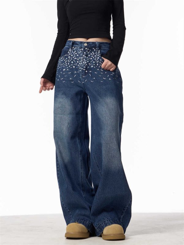 Vintage Floral Embroidered Straight Jeans Women Loose Casual Wide-leg Trousers - Image 7