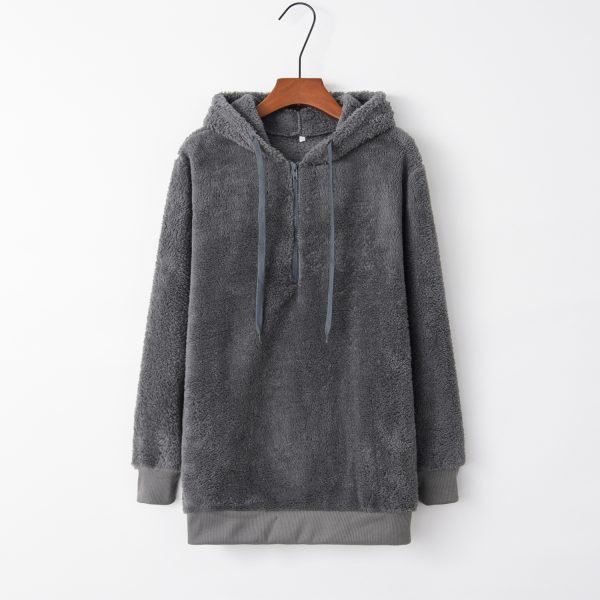 European And American Long Sleeve Hooded Solid Color Women's Fleece Pullover Coat - Image 5