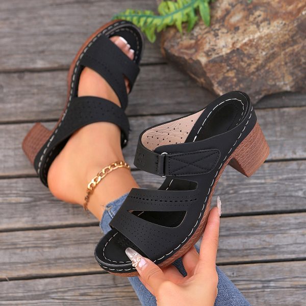 Square-heeled Peep-toe Slides Shoes Summer Casual Chunky Heel Sandals Solid Color Slippers - Image 6