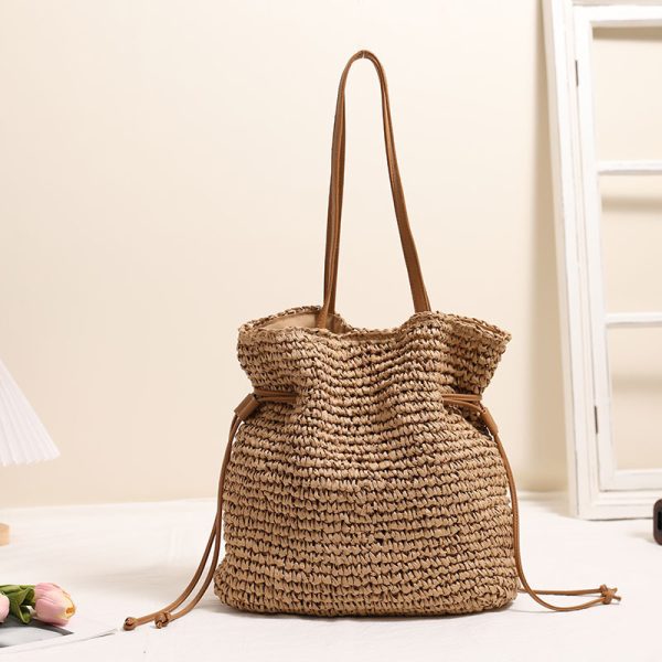 Large Capacity Straw Bag Drawstring Hand-carrying Knitting Shoulder Bag - Image 2