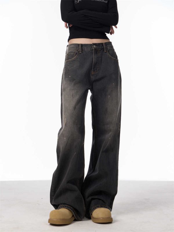 Retro Washed Splash-ink Straight Jeans For Women Loose Straight Trousers - Image 5