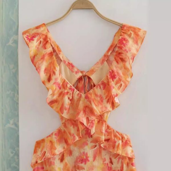 V-neck Flounce Design Backless Print Dress - Image 2