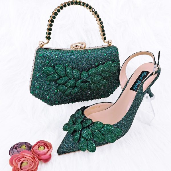 Cross-border Ladies Party Shoes Bag Set Handmade Leaf Decorative Wine Glass Heel - Image 6