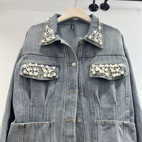 Vintage Denim Jacket Women's Washed Waist Heavy Industry Beads - Image 2