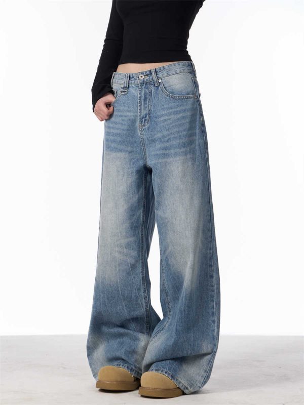 Retro Worn Looking Washed-out Jeans Women's Loose Straight Wide-leg Pants - Image 4