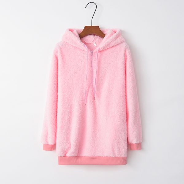 European And American Long Sleeve Hooded Solid Color Women's Fleece Pullover Coat - Image 3