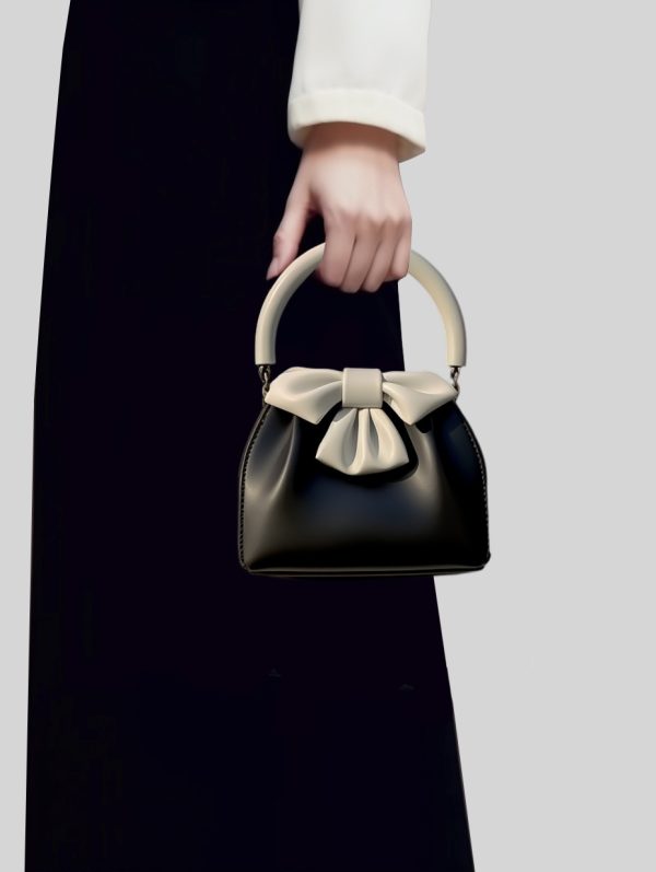 Women's Pleated Handbag Contrast Color Bow Bucket Bag - Image 4