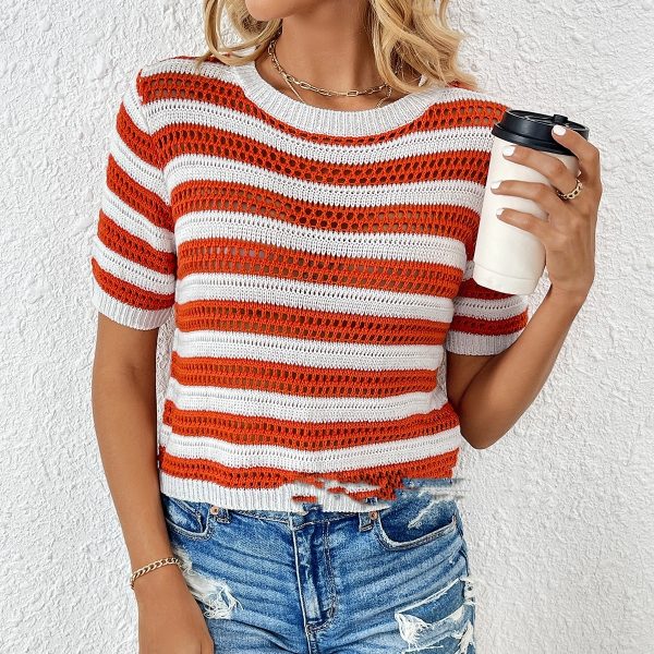 Hooded Striped Fashionable Short Sleeved Patchwork Women's Knitted Sweater - Image 5