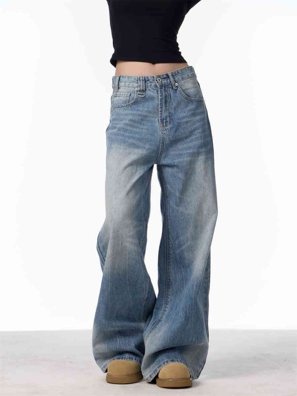 Retro Worn Looking Washed-out Jeans Women's Loose Straight Wide-leg Pants - Image 6