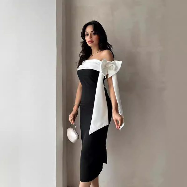 Women's Off-shoulder Bow Black And White Color Matching Elegant Cocktail Dress - Image 2