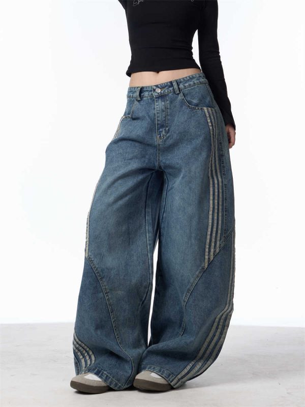 Retro Washed Jeans Women's Striped Stitching Wide-leg Pants - Image 7