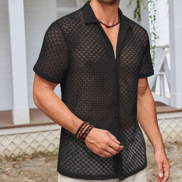 Fashion Solid Color Polo Collar Short Sleeve Mesh Shirt Tops Men Clothing - Image 4