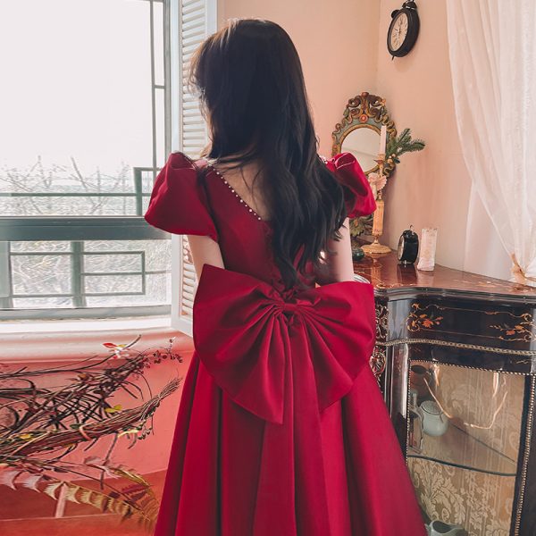 Winter Wine Red Engagement Daily French Princess On The Run Satin Dress - Image 10