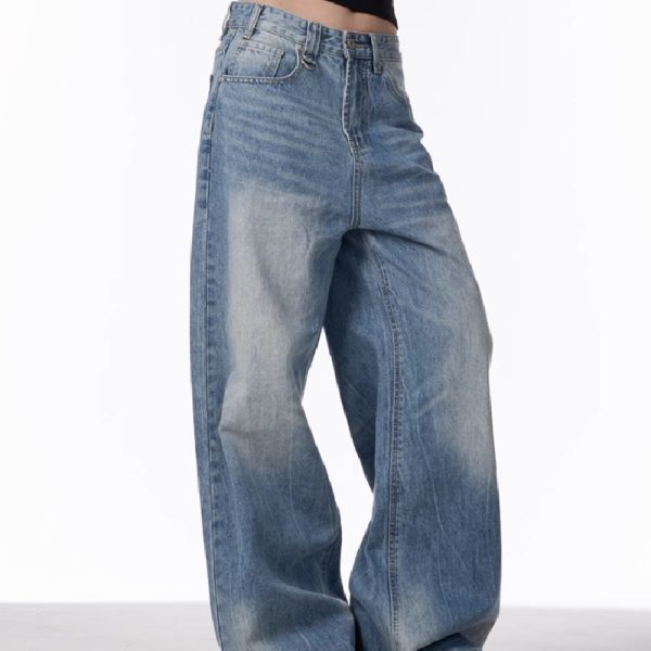 Retro Worn Looking Washed-out Jeans Women's Loose Straight Wide-leg Pants