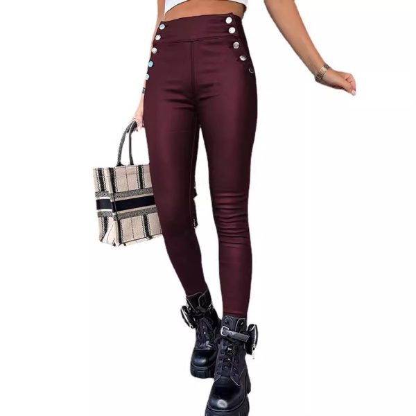 High Waist PU Leather Slim Fit Hip Raise Long Pants - Image 5